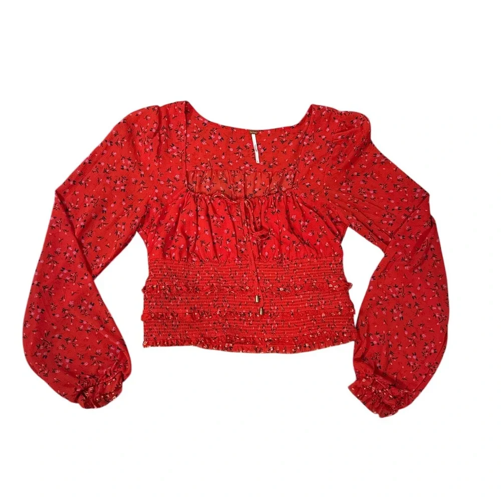 Free People Lolita Floral Smocked Blouse Womens‎ Large Red New Puff Sleeve Bohoa